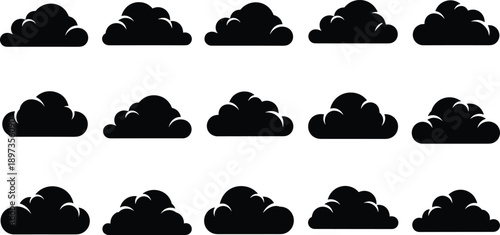 Black cloud icon collection, stylized weather silhouettes, vector cloud shapes, atmospheric symbols, graphic design elements, contour variations, minimal cloud set