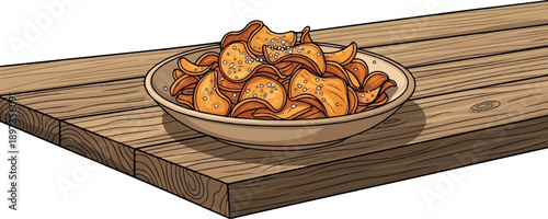 A bowl of crispy, golden-orange, wavy chips with salt sprinkles on a rustic wooden table