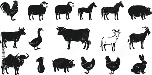Farm animal silhouette collection, black vector livestock, domestic creatures, rooster, sheep, horse, pig, cow, goat, rabbit, rural icons