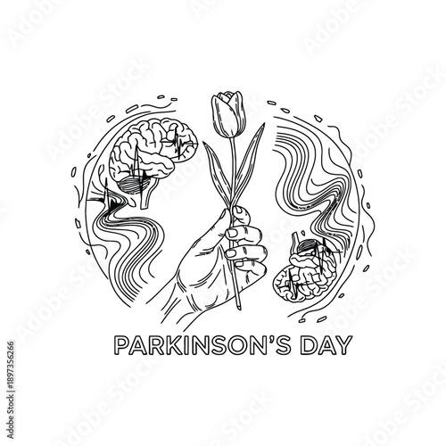 Hand holding a tulip flower with brain and heart for Parkinson's Day awareness