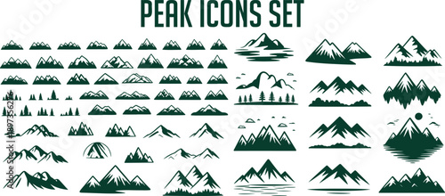 A comprehensive collection of various mountain peak icons and forest landscape silhouettes for outdoor themes