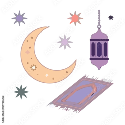 Prayer mat, lantern, and crescent moon surrounded by stars in a serene nighttime sky illustration