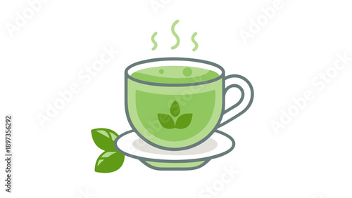 A steaming cup of green tea on a saucer with leaves