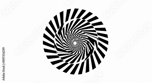 A captivating black and white spiral pattern creates an optical illusion, drawing the eye into its center