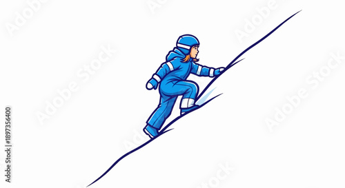 A cartoon child in a blue snowsuit and helmet is strenuously climbing an uphill snowy slope