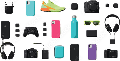 Modern tech gadget collection, electronic accessories, smartphones, cameras, headphones, fitness gear, wireless earbuds, stylish items, digital devices, lifestyle tools