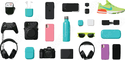 Modern tech gadget collection, electronic accessories, lifestyle items, smartphones, headphones, cameras, sneakers, wireless earbuds, fashion gear, stylish essentials