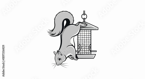 A cartoon grey squirrel hangs upside down, trying to reach seeds from a mesh bird feeder illustration