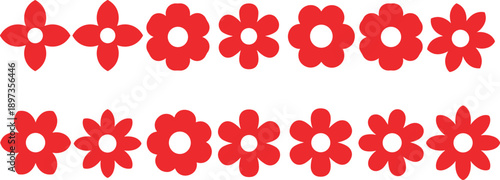Red flower shape collection, petal variation grid, stylized floral icons, vector blossoms, rounded and pointed petals, decorative design elements, botanical symbols