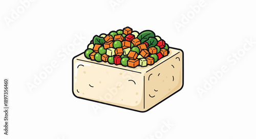 A cartoon illustration of a block of tofu topped with a colorful mix of diced vegetables and leafy greens