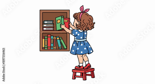 A cartoon girl in a polka dot dress stands on a stool, putting colorful books on a wooden bookshelf