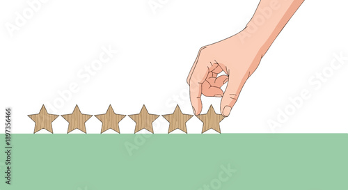 A cartoon hand places a wooden star in a row of stars on a green surface, illustrating rating or feedback