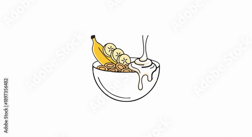 A cartoon illustration of a breakfast bowl with cereal, banana slices, and a creamy liquid being poured