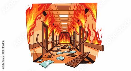 A cartoon illustration of a building hallway engulfed in roaring flames, with debris and shattered glass
