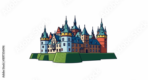 A cartoon illustration of a colorful, fantastical castle with multiple towers and spires on green grounds