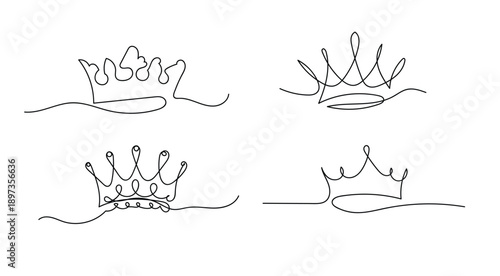 Set of Crown continuous one line drawing and minimalist style isolate outline vector illustration, Continuous one line drawing of king crown vector.