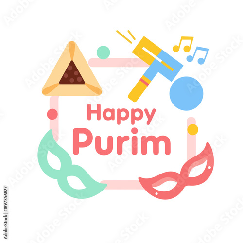 Happy Purim festive illustration with masks and hamantaschen cookies  