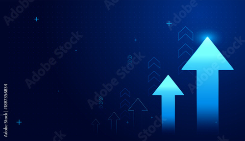The digital arrows marks a strong point of direction where finance can move and increase toward a goal. and An upward arrow illustrates the point of growth as finance concepts