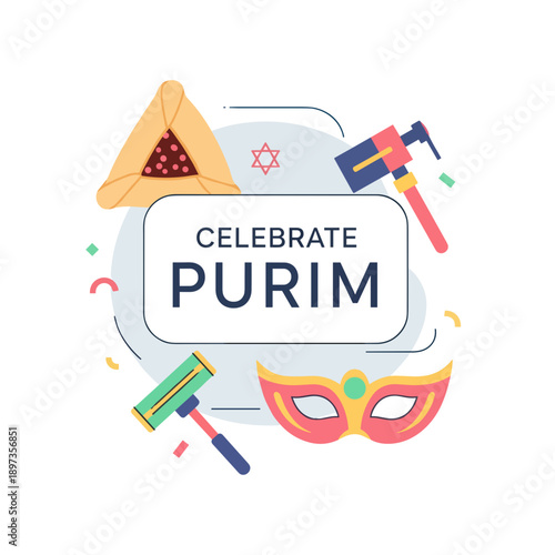Celebrate Purim with festive symbols including mask, hamentashen, and noisemaker  
