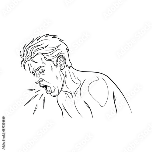 Man Coughing Violently with Spray and Sweat Droplets