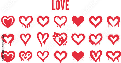 Many red heart shapes with a spray paint grunge texture and dripping paint effects on a white field