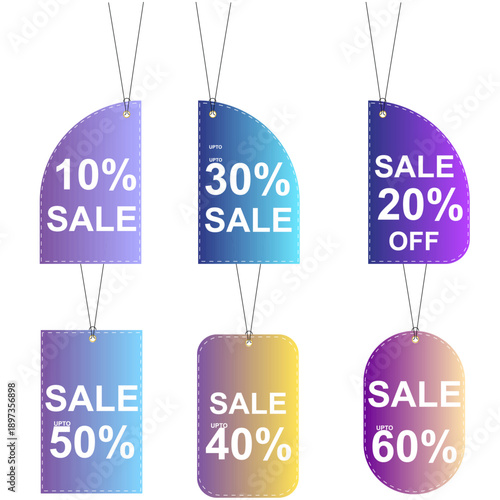 Set of colorful hanging sale tags and paper price labels featuring red discount coupons and retail promotion stickers for a business Christmas shopping vector illustration design