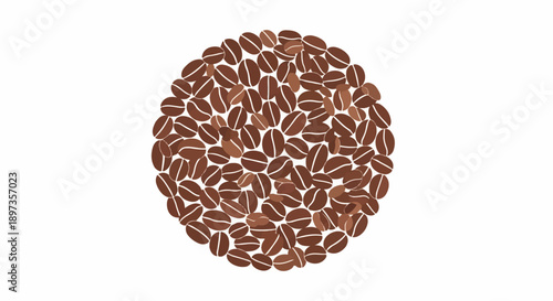 A circular cluster of various brown coffee beans, some with lighter tones, against a clean white background