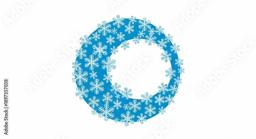 A circular frame of various blue and white snowflakes against a clear white background, perfect for winter themes