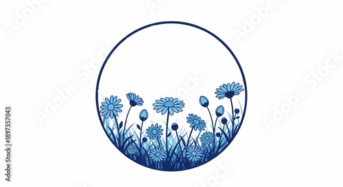 A circular frame featuring a vibrant meadow illustration with various blue flowers and green grass