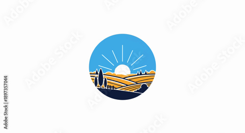 A circular graphic depicting a sunny rural landscape with rolling hills, trees, a fence, and a rising sun