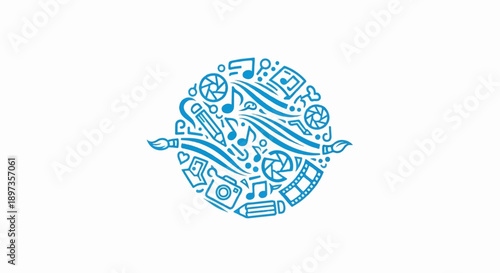 A circular mosaic of blue line art icons representing various creative arts, hobbies, and media
