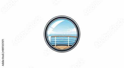A circular porthole view showing a ship's deck railing, calm blue sea, and a clear sky with clouds