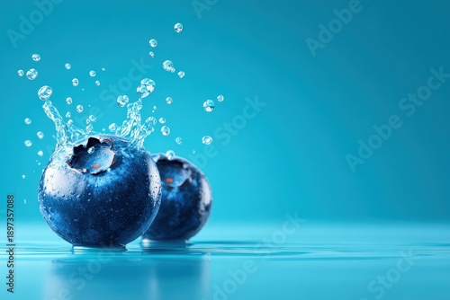 Blueberries Splashing in Water with Fresh Juicy Appearance on Bright Blue Background
