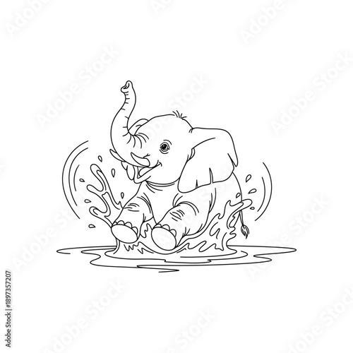 Playful baby elephant splashing water with trunk raised in a line