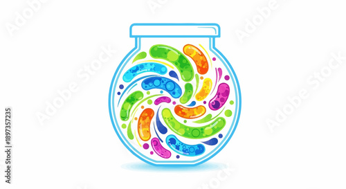A clear glass jar filled with an assortment of vibrant, glossy, pill-shaped objects arranged in a dynamic swirl
