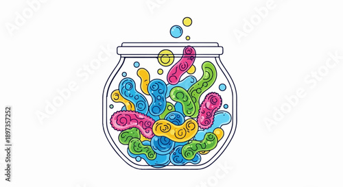 A clear jar filled with a vibrant collection of diverse, stylized microbes and bubbles, on a white background