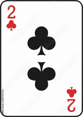 A close-up of a two of clubs playing card with black suit symbols and red rank indicators
