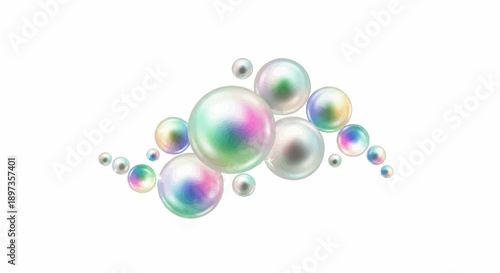 A cluster of iridescent, colorful bubbles of various sizes floating against a clean white background