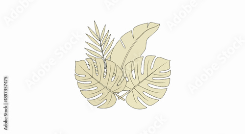 A cluster of stylized beige tropical leaves, including monstera and palm, with a grunge texture on white