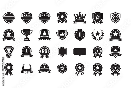 Award Badges and Achievement Icons - Premium Shield, Trophy, Medal, and Crown Vector Silhouettes