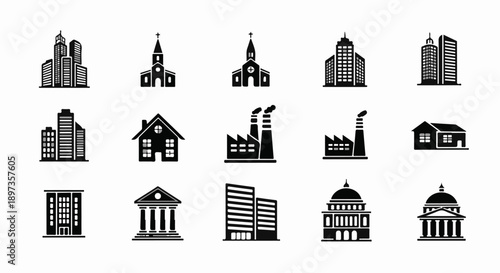 A collection of black and white icons depicting various buildings like skyscrapers, churches, houses, and factories