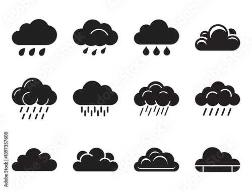 A collection of black silhouette icons representing different cloud and rain weather conditions
