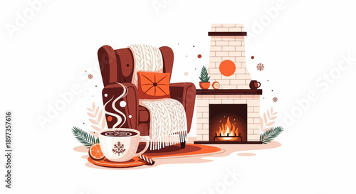A cozy, warm interior scene with an armchair, fireplace, steaming mug, and winter decorations