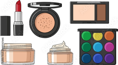A collection of colorful makeup products including lipstick, powders, and creams on a white background