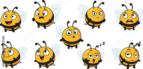 A collection of cute cartoon bees with various expressions, including happy, surprised, angry, sad, and sleepy