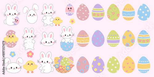 Pastel kawaii style Easter vector sticker set featuring cute bunnies, chicks, decorated eggs. Perfect for kids designs, planners, greeting cards, social media, packaging, cheerful holiday projects