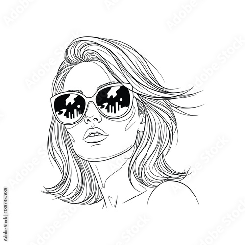Stylized Line Portrait of a Woman Wearing Large Sunglasses Reflecting City Buildings