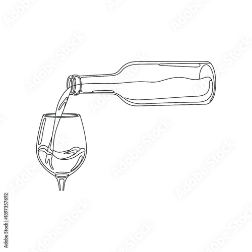 Wine bottle pouring liquid into a wine glass in a continuous line style