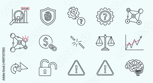 Collection of icons representing business concepts like data, security, and problem-solving.