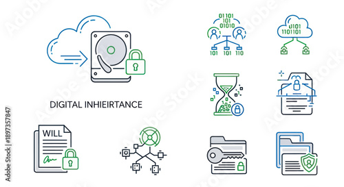 Digital Inheritance line icons set for digital assets security and estate planning.